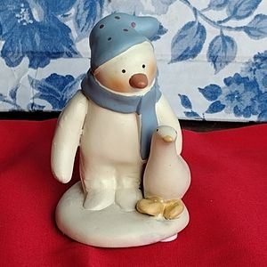 Adorable Vintage Bonnie Lynn Snowman with Duck or Goose Clay Sculpture Statue